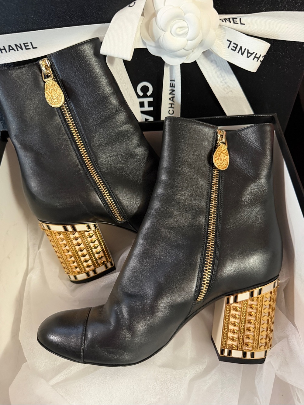 CHANEL Black Leather Ankle Boots with Gold Studded Block Heel